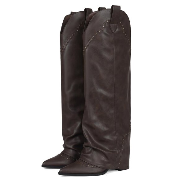 Shoes - Women's Knee High Boots 3.7 Inch Heel Studded Fold Over Vegan Leather